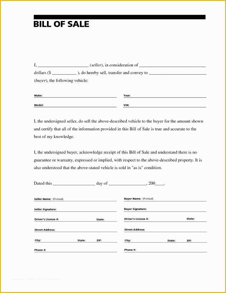 Free Bill Of Sales Template for Used Car as is Of Printable Sample Bill Of Sale Templates form