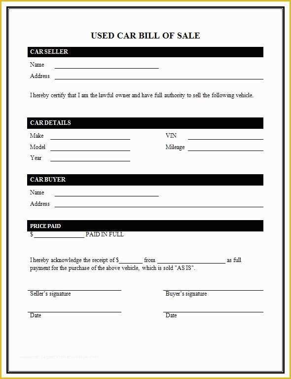Free Bill Of Sales Template for Used Car as is Of Used Car Bill Sale Template