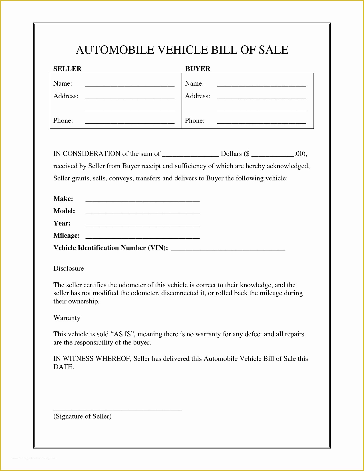 Free Bill Of Sales Template for Used Car as is Of Vehicle Bill Sale Free Printable Documents