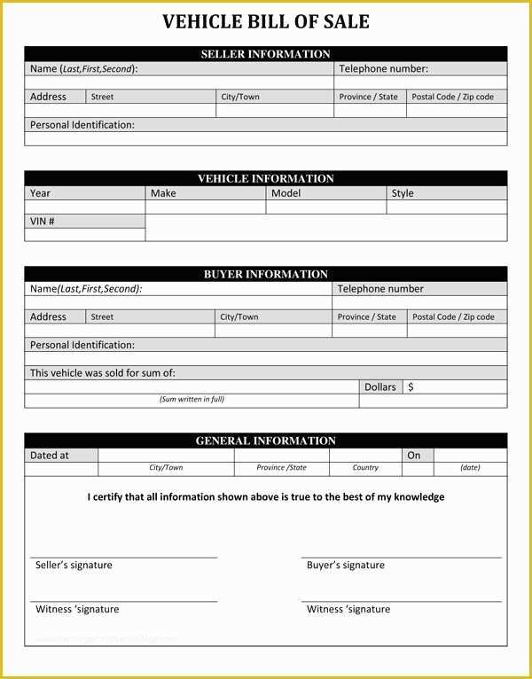 printable bill of sale template for vehicle free