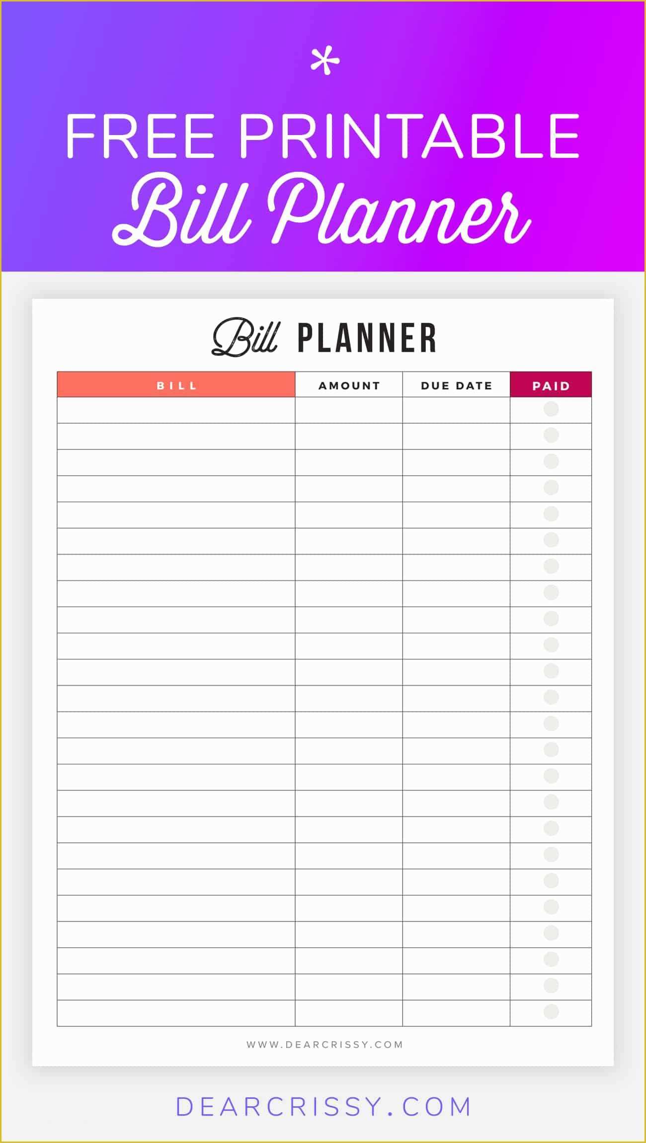 Free Bill Schedule Template Of Bill Planner Printable Pay Down Your Bills This Year