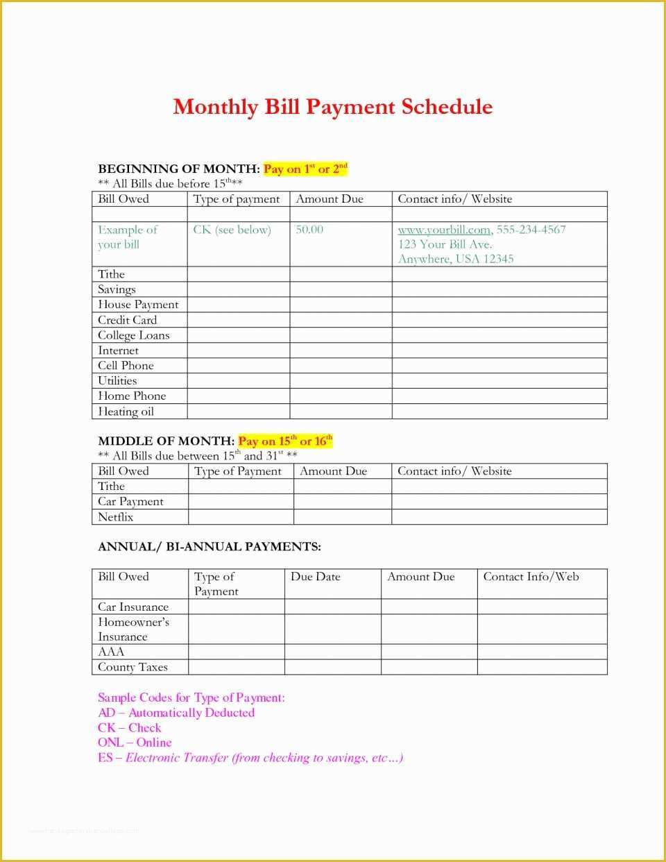 Free Bill Schedule Template Of Free Monthly Bill Planner Template Payrollle Payment Excel