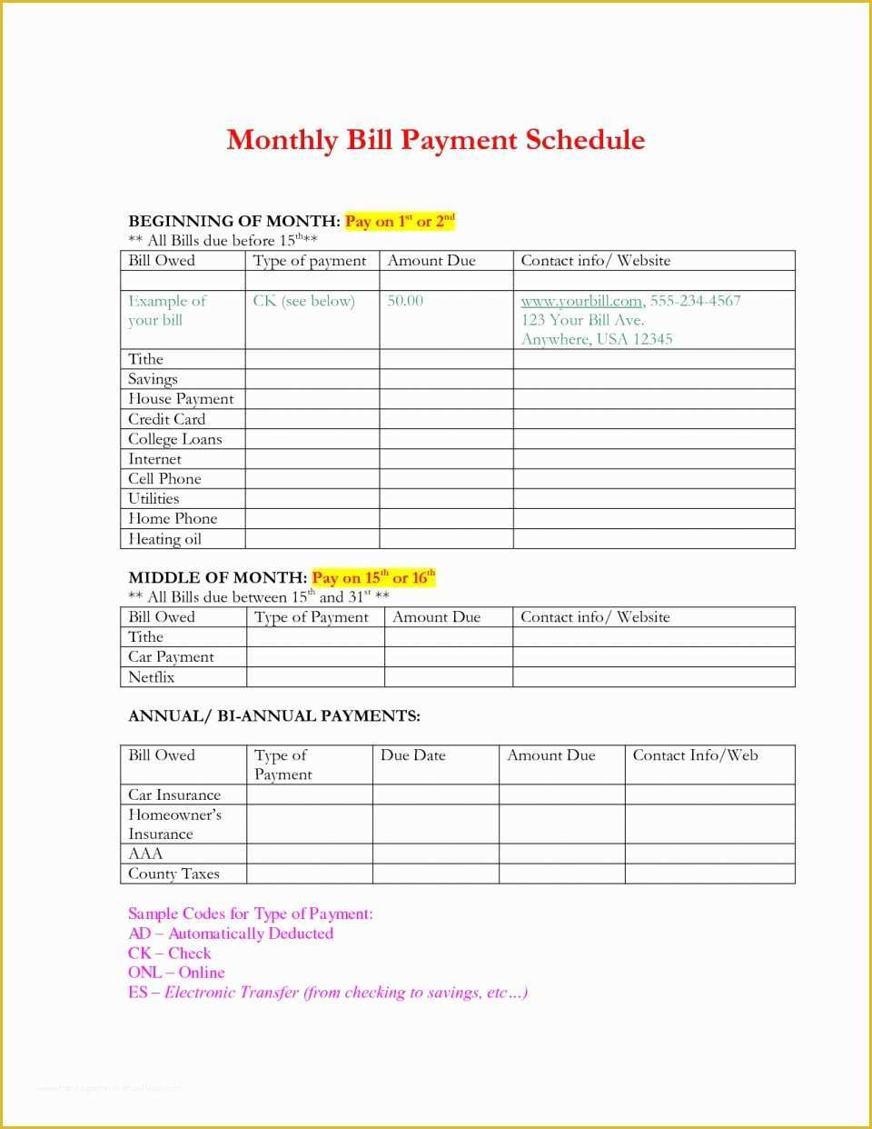 Free Bill Schedule Template Of Free Monthly Bill Planner Template Payrollle Payment Excel