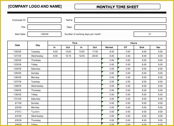 Free Billable Hours Timesheet Template Of 4 Monthly Timesheet Templates Excel Xlts