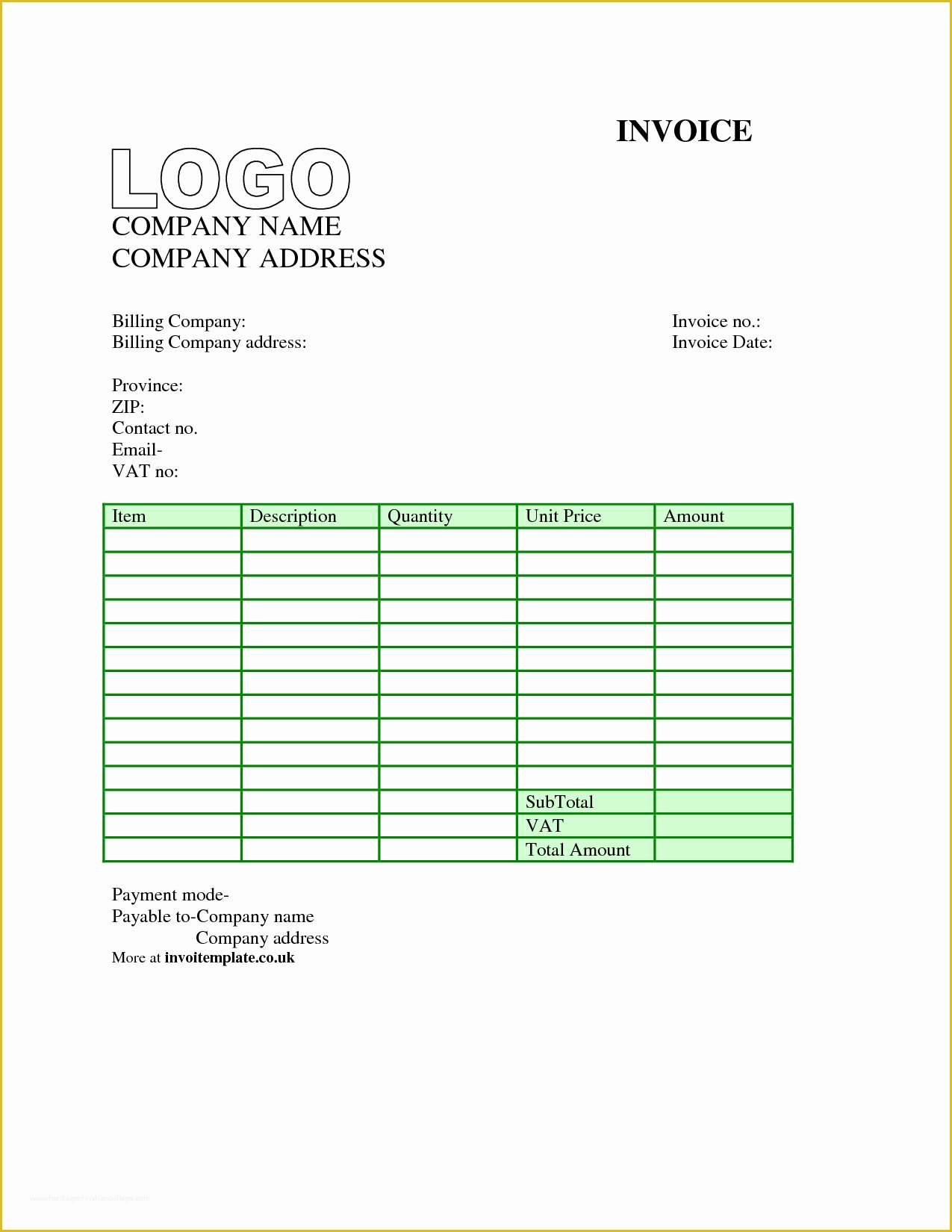 Free Billing Template Of Invoice Template Uk Word