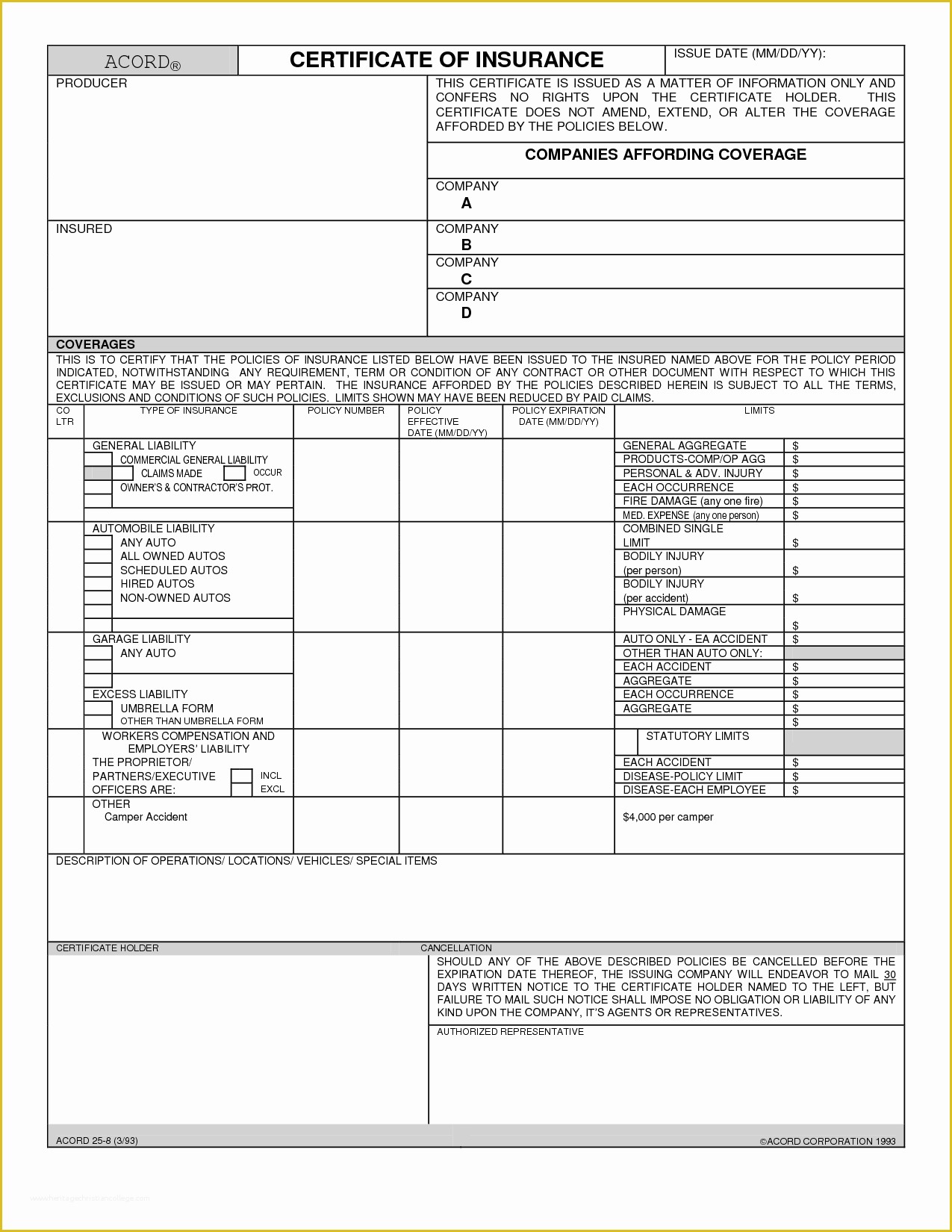 Free Blank Insurance Card Template Of Blank Acord Certificate Insurance