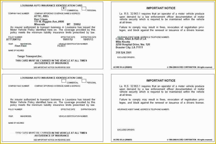 Auto Insurance Id Card Template