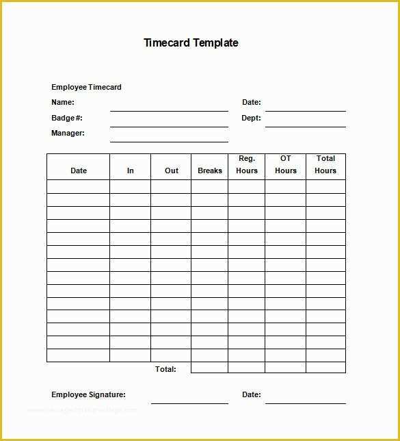 Printable Time Card Template Free