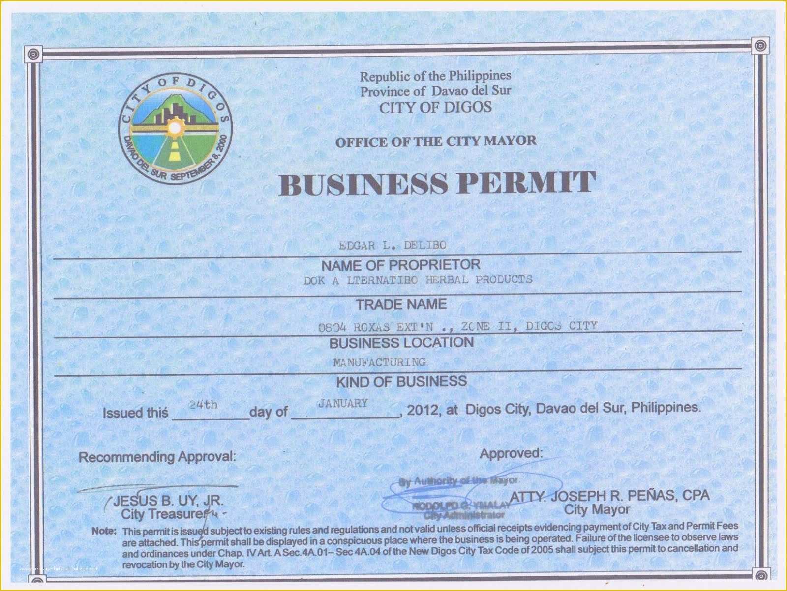 Free Business License Template Of Dok Alternatibo San Carlos City Branch Legalities and