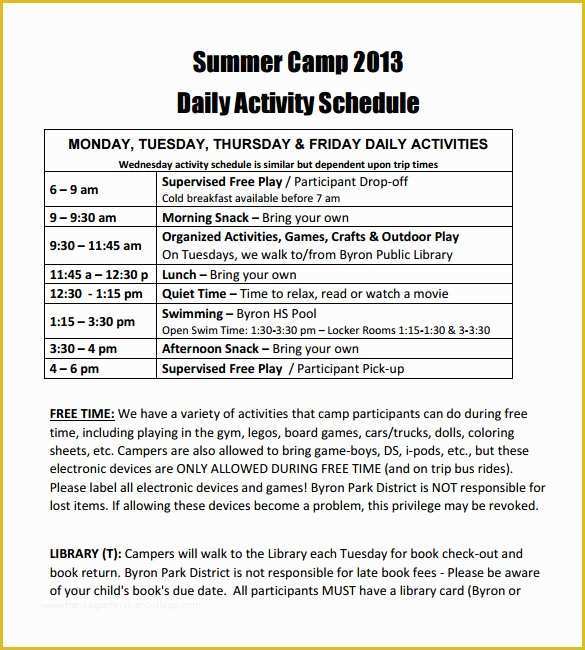 Free Business Plan Template for Summer Camp Of 14 Camp Schedule Templates Pdf Doc