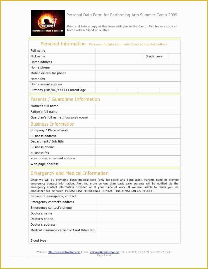 Free Business Plan Template for Summer Camp Of Performing Arts Summer Camp Registration form