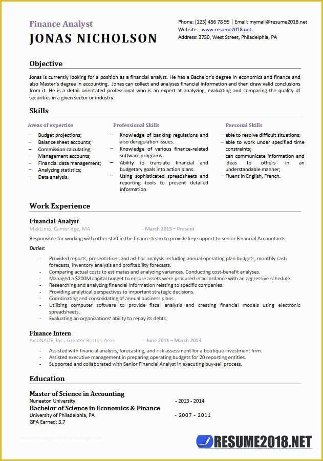Free Business Resume Template 2018 Of Finance Analyst Resume Templates 2018 Resume 2018