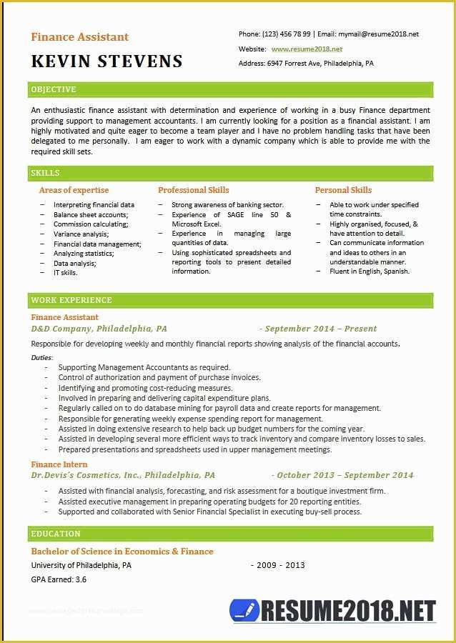 Free Business Resume Template 2018 Of Finance assistant Resume Templates 2018 6 Samples In Word