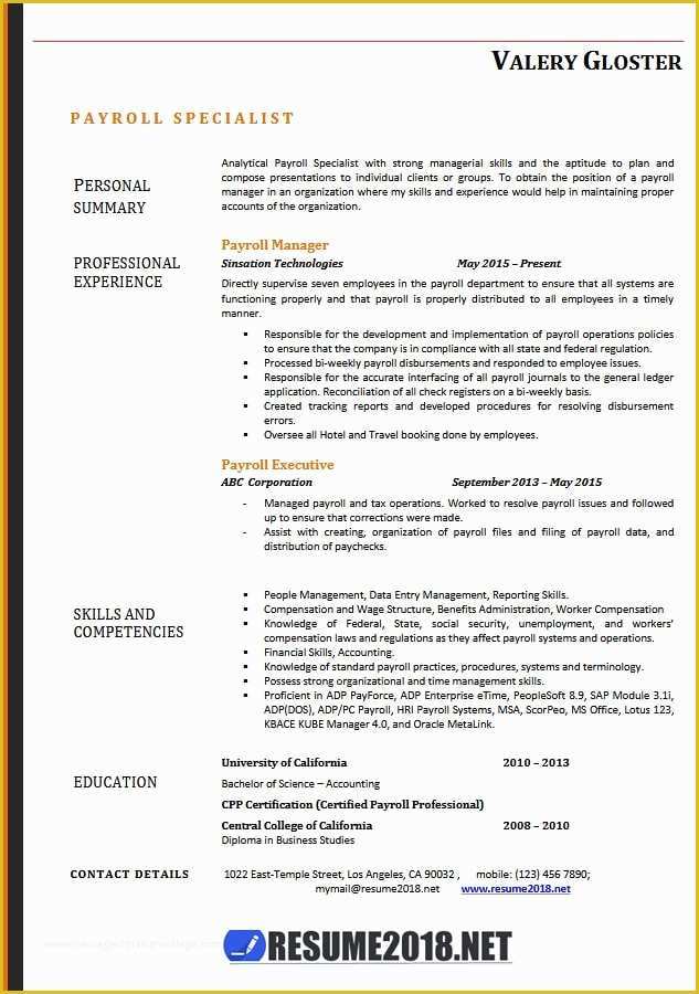 Free Business Resume Template 2018 Of Payroll Specialist Resume Templates 2018 Resume 2018