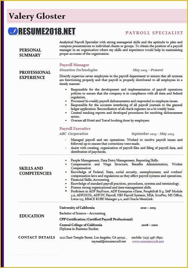 Free Business Resume Template 2018 Of Payroll Specialist Resume Templates 2018 Resume 2018