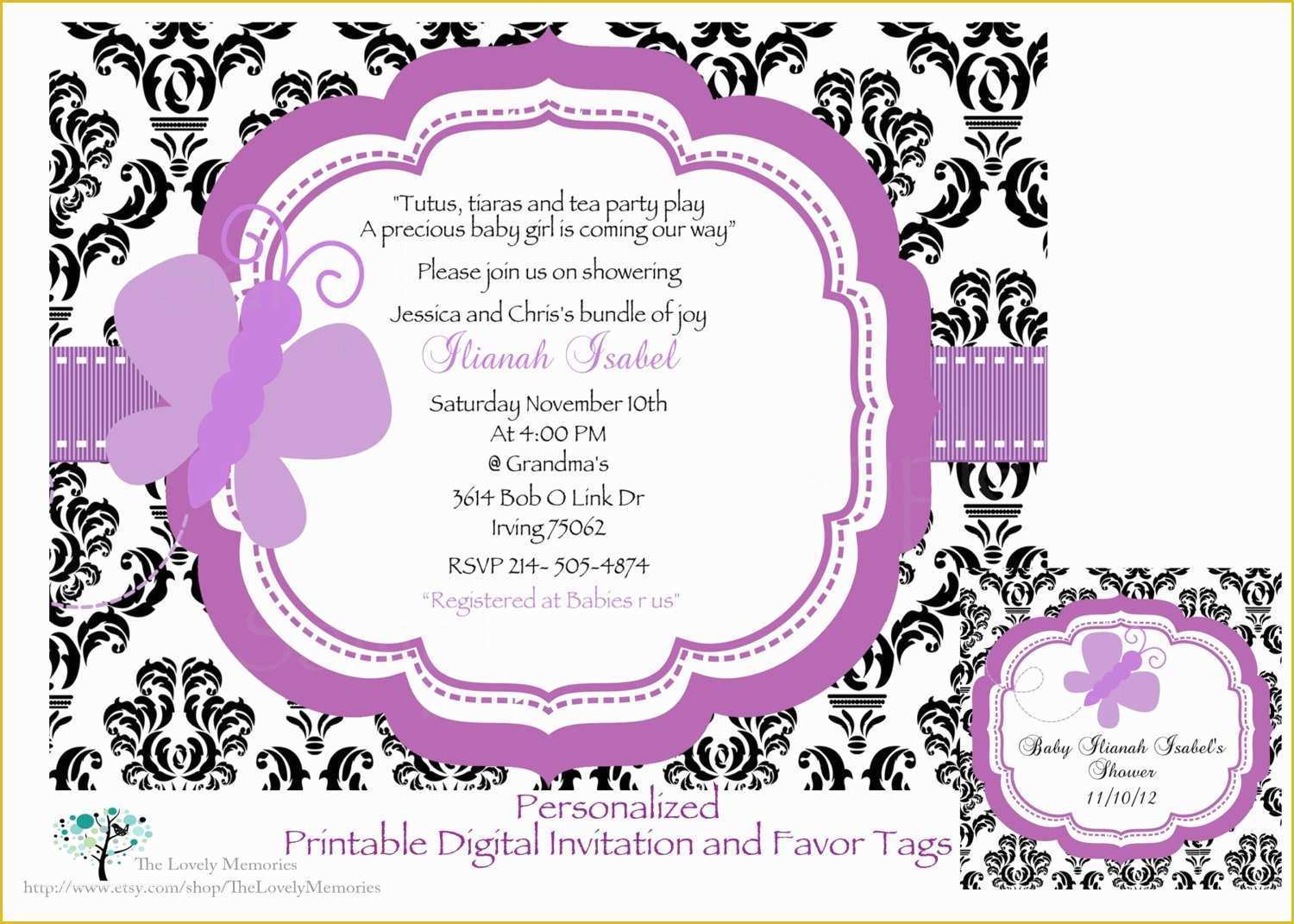 Free butterfly Baby Shower Invitation Templates Of Damask Purple butterfly Baby Shower Printable Invitation & Tag