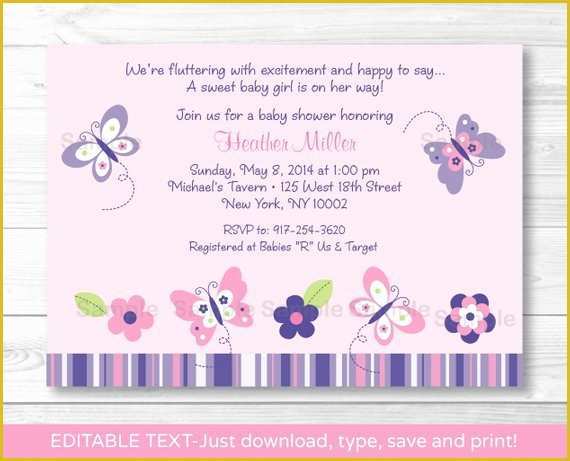 Free butterfly Baby Shower Invitation Templates Of Pink Purple butterfly Garden Printable Baby Shower