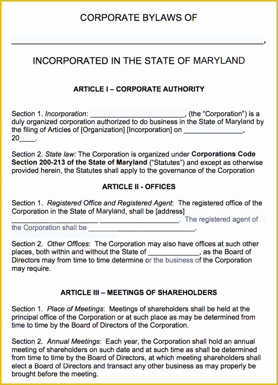 Free bylaws Template Of Free Maryland Corporate bylaws Template Pdf