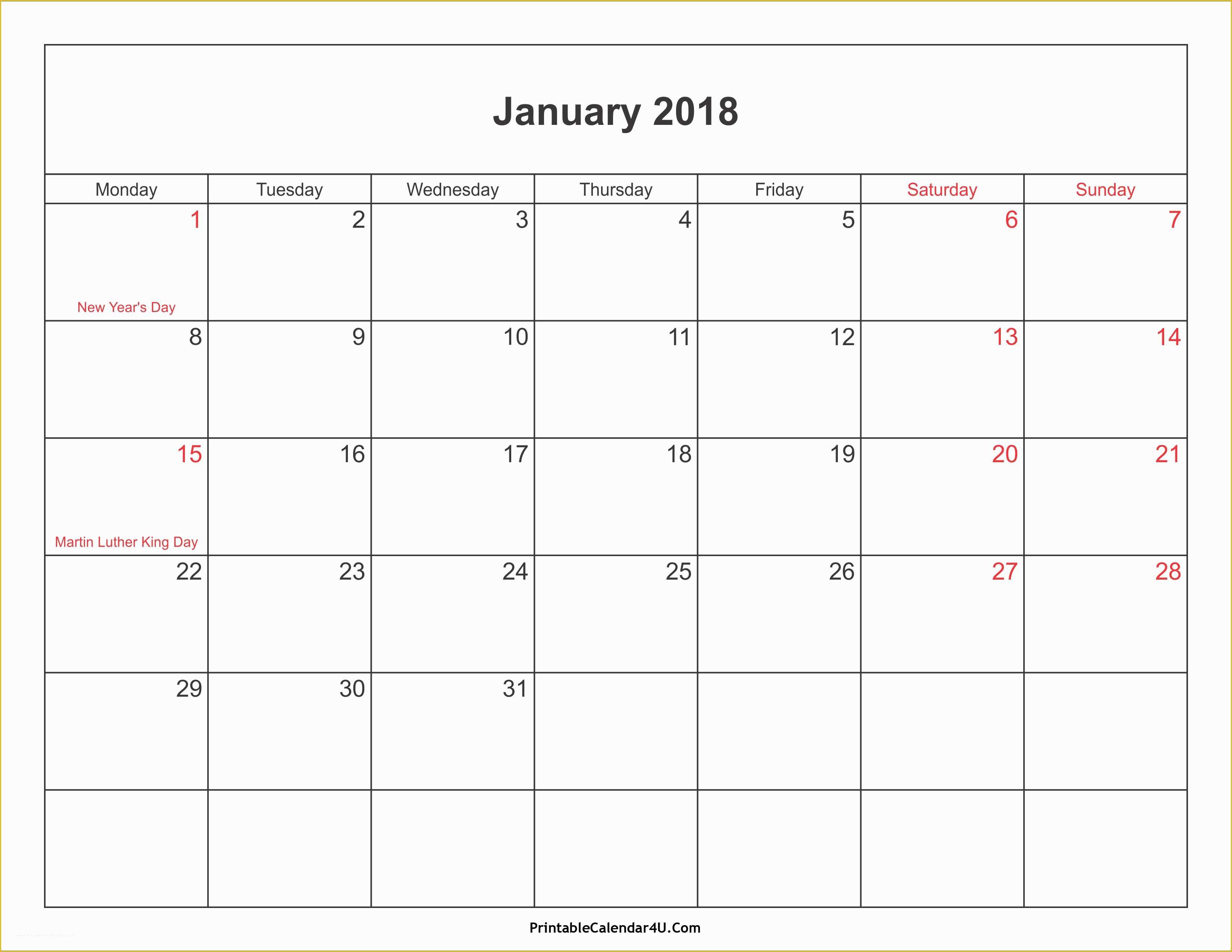 Free Calendar 2018 Template Of Free 2018 Calendar with Holidays