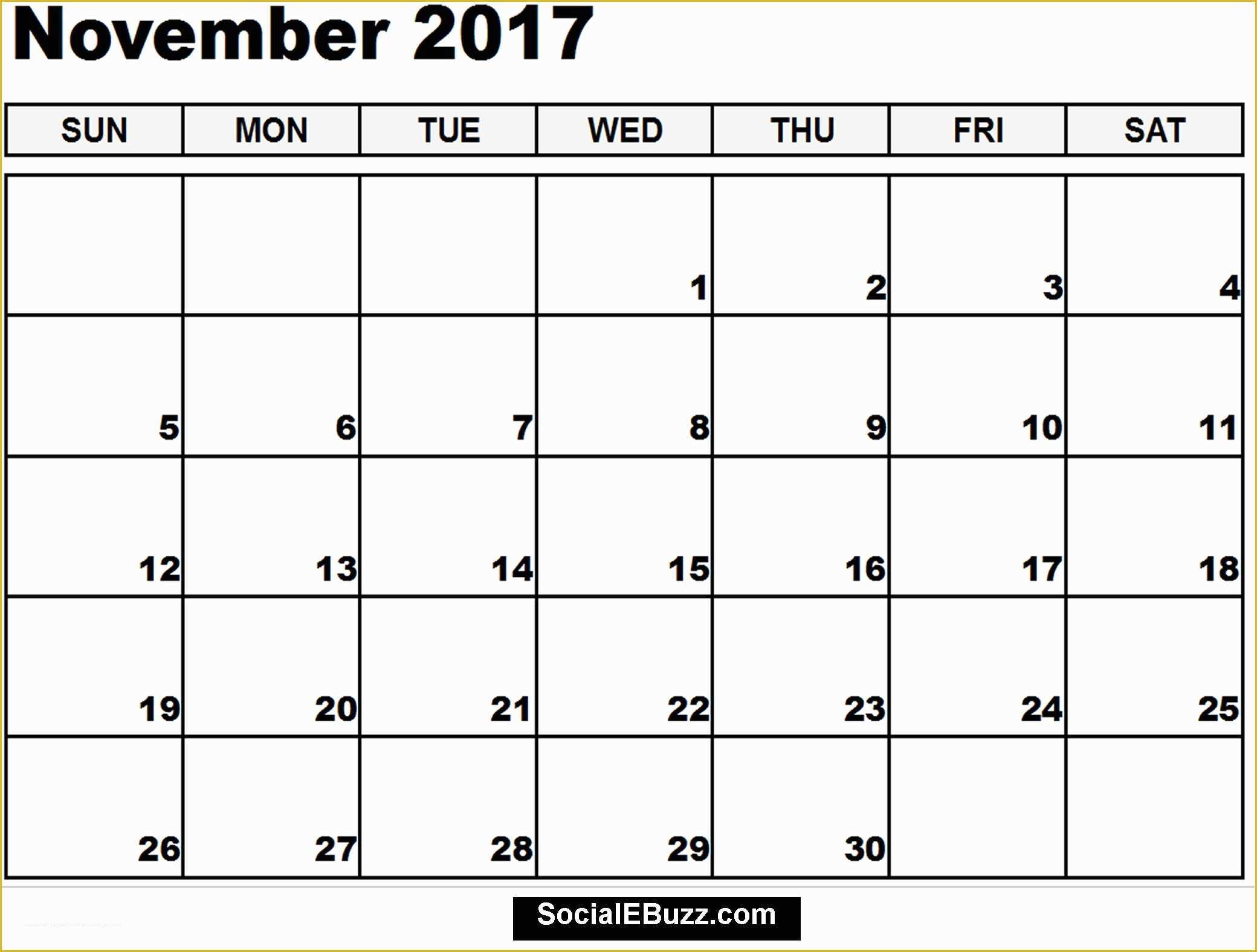 Free Calendar Template 2017 November Of 2017 November Calendar Printable