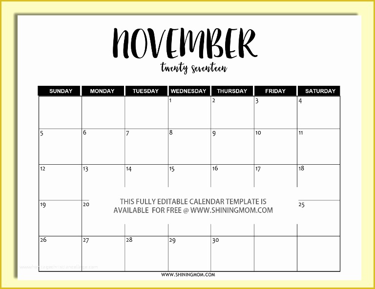 Free Calendar Template 2017 November Of Free Printable Fully Editable 2017 Calendar Templates In