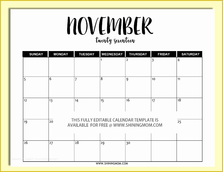 Free Calendar Template 2017 November Of Free Printable Fully Editable 2017 Calendar Templates In