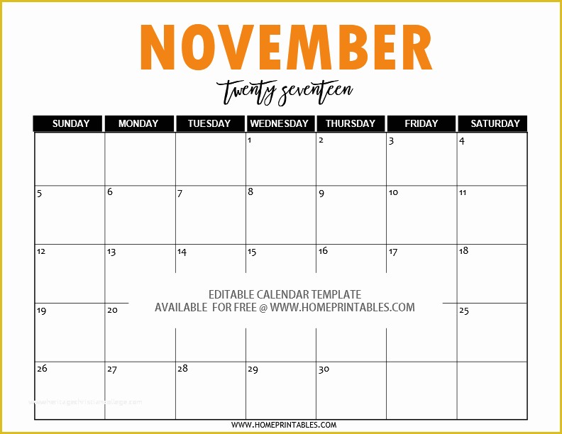 Free Calendar Template 2017 November Of November 2017 Calendar Cute