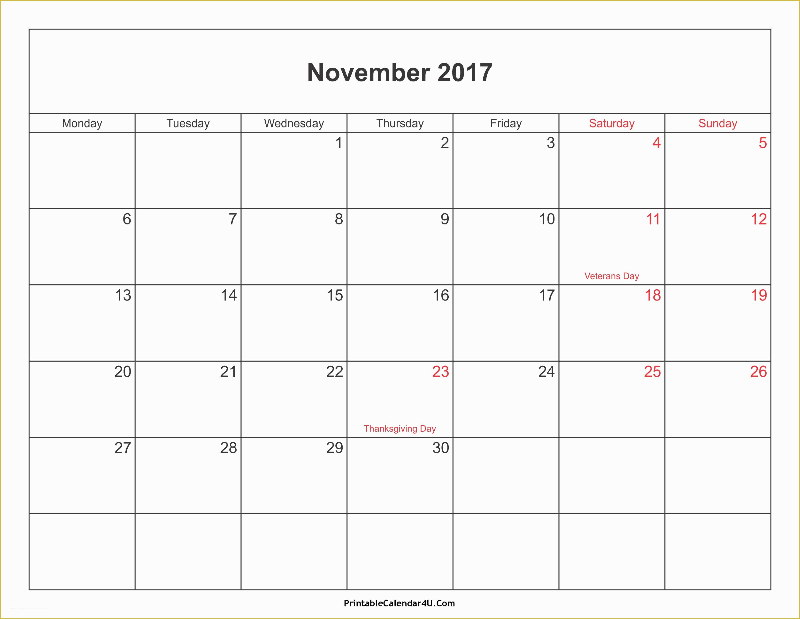 Free Calendar Template 2017 November Of November 2017 Calendar Pdf