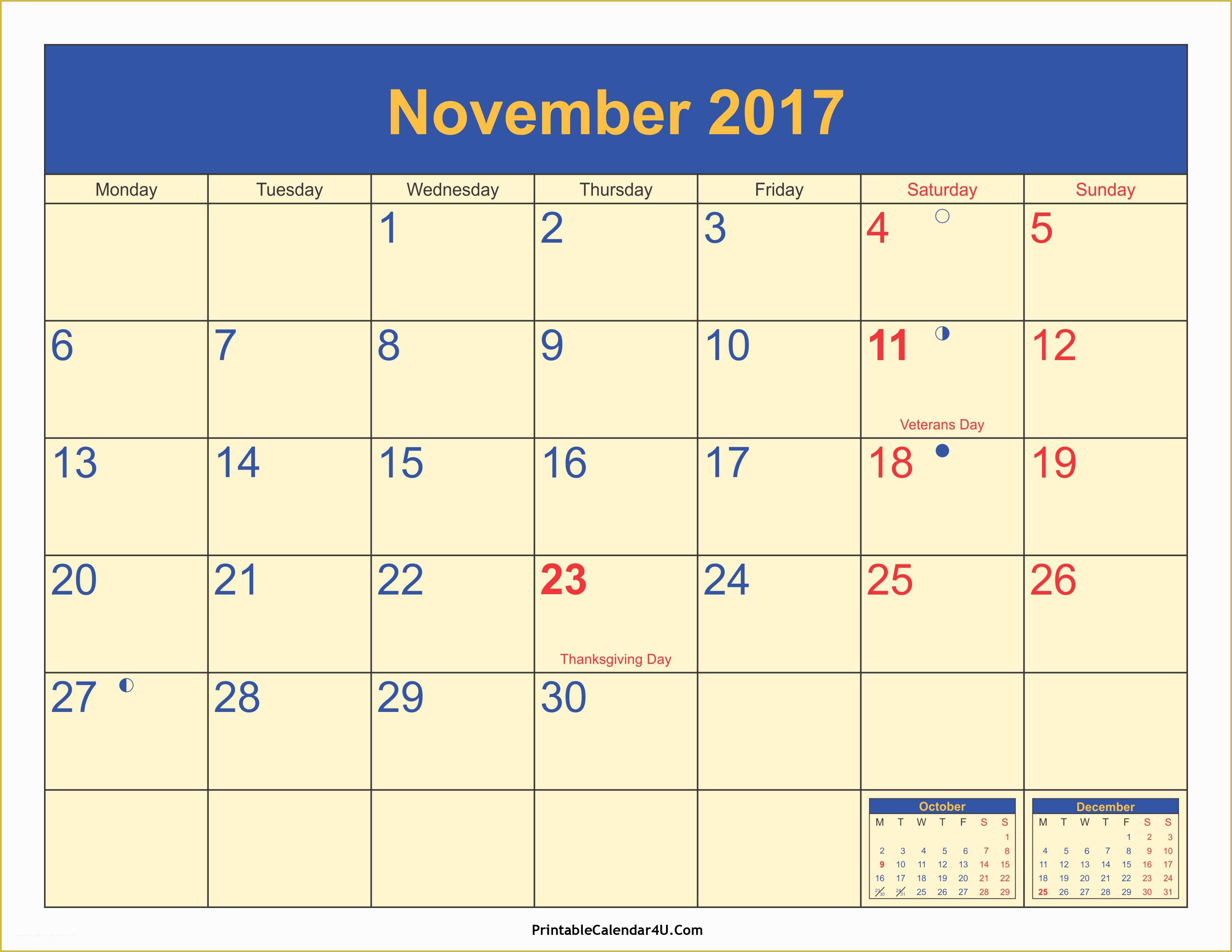 Free Calendar Template 2017 November Of November 2017 Calendar with Holidays