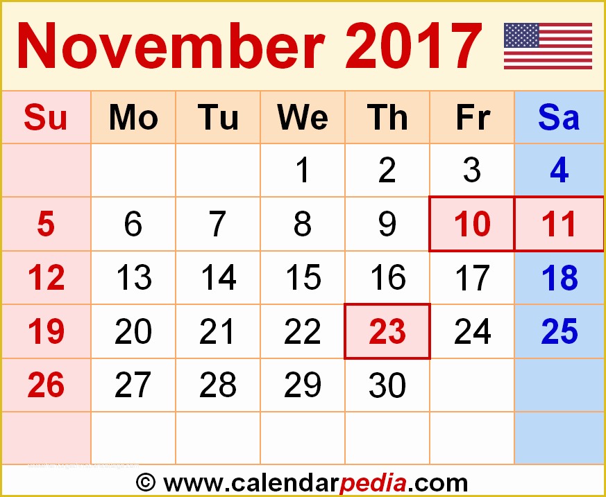 Free Calendar Template 2017 November Of November 2017 Calendars for Word Excel &amp; Pdf