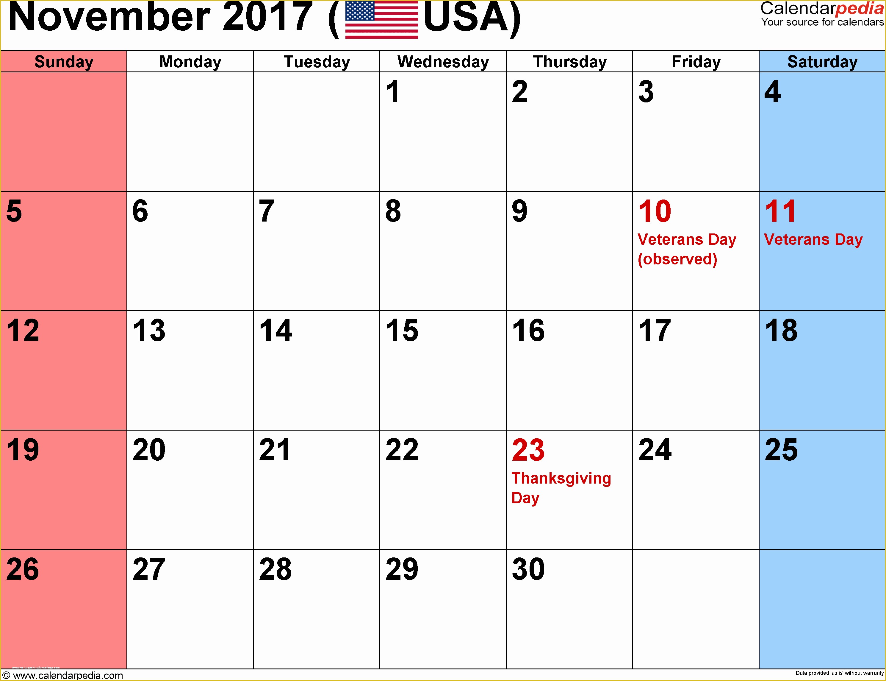 Free Calendar Template 2017 November Of November 2017 Calendars for Word Excel & Pdf
