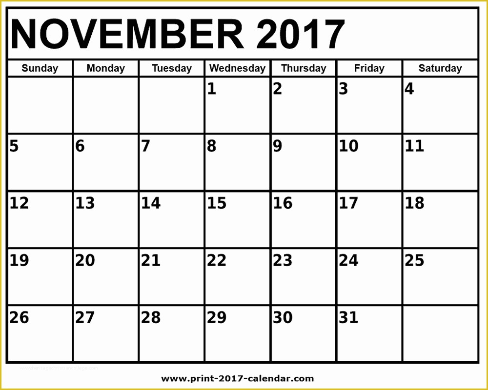 Free Calendar Template 2017 November Of November 2017 Printable Calendar