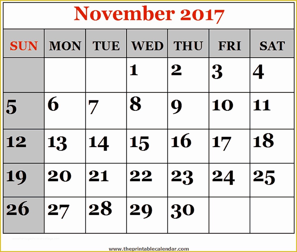 Free Calendar Template 2017 November Of November 2017 Printable Calendars