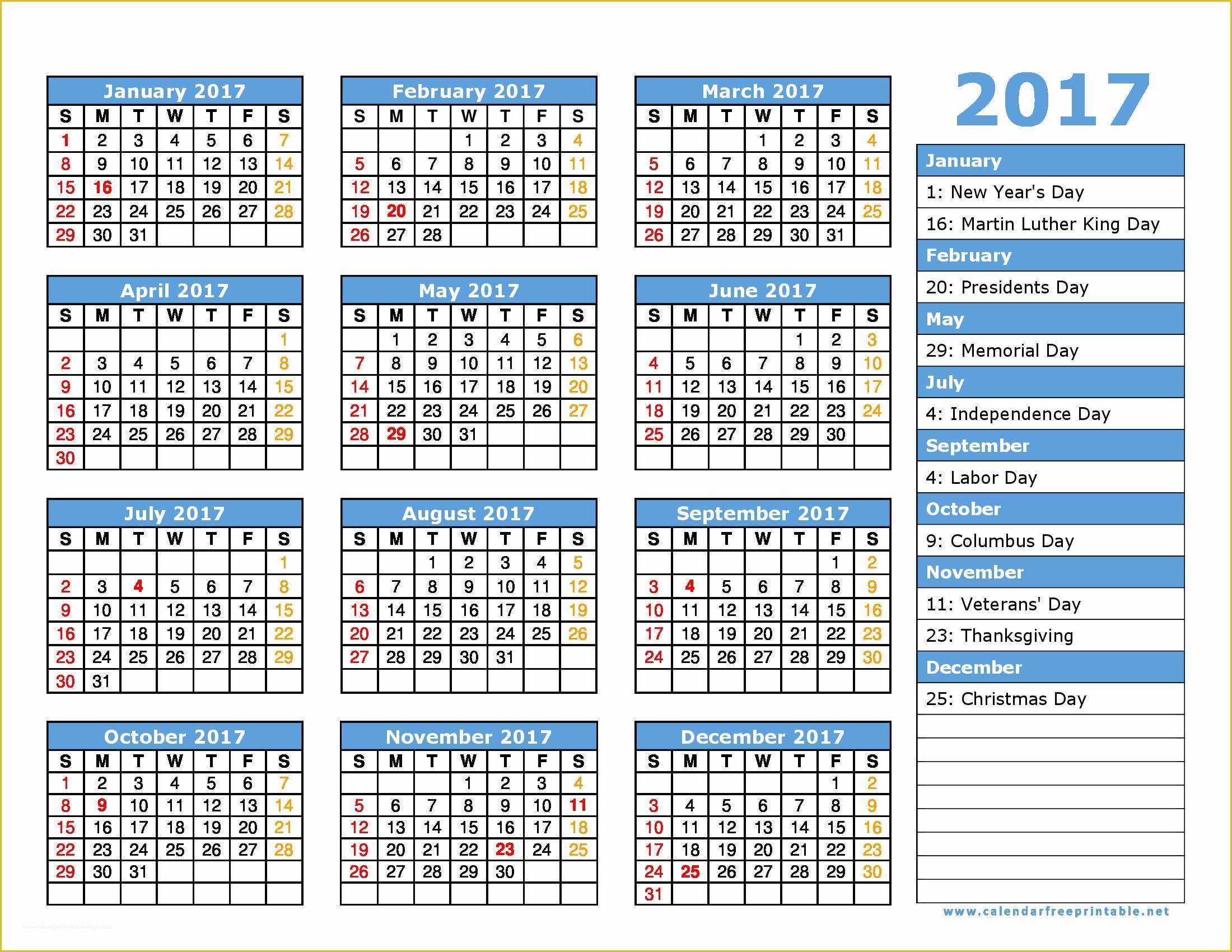 Free Calendar Template 2017 Of 2017 Calendar Printable With Holidays Heritagechristiancollege