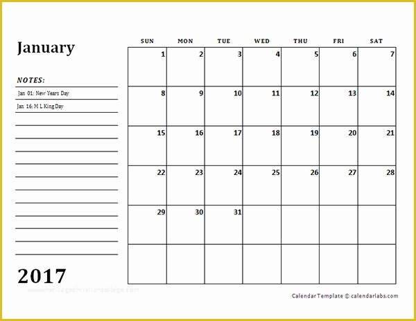 Free Calendar Template 2017 Of 2017 Monthly Calendar Template with Notes Free Printable