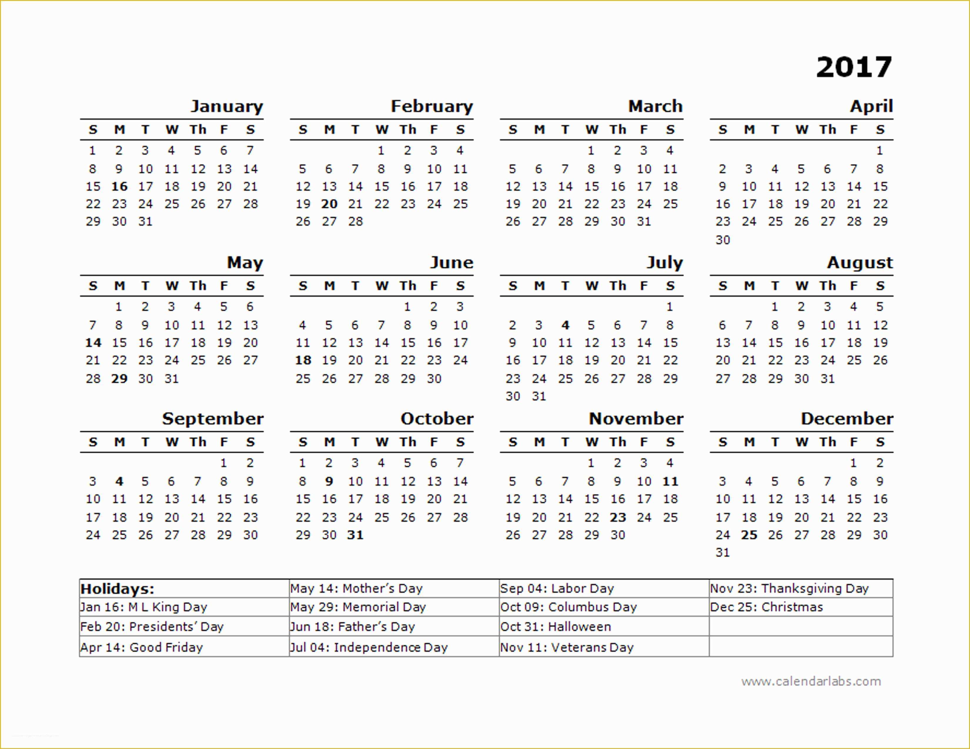Free Calendar Template 2017 Of 2017 Year Calendar Template Us Holidays Free Printable