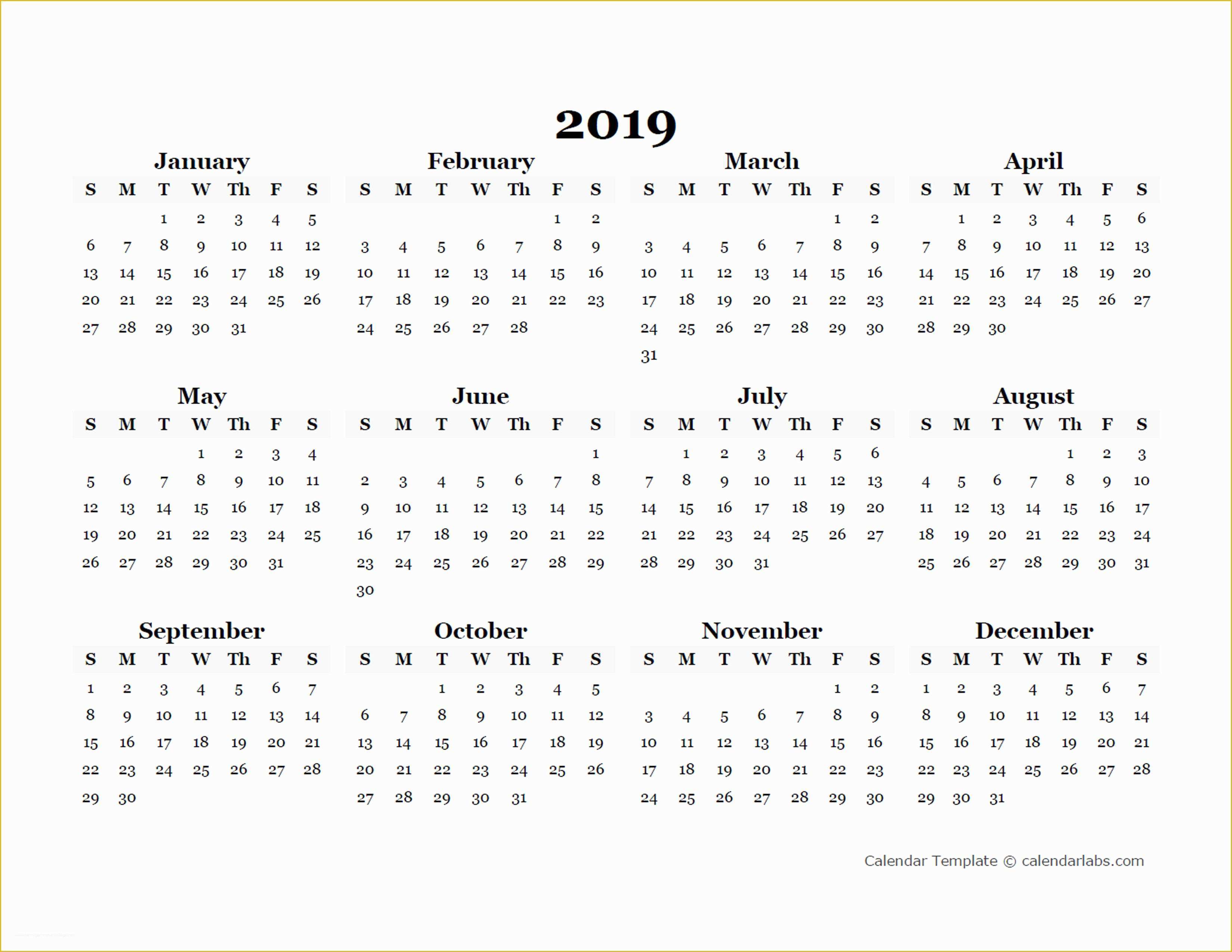 Free Calendar Template 2019 Of 2019 Yearly Blank Calendar Template Free Printable Templates