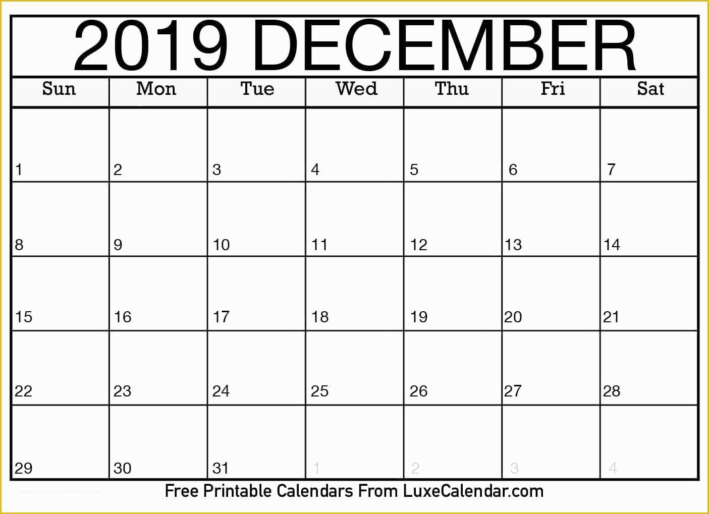 Free Calendar Template 2019 Of Blank December 2019 Printable Calendar Luxe Calendar