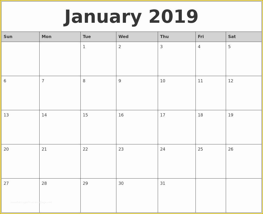 Free Calendar Template 2019 Of Free January 2019 Calendar In Printable format Templates