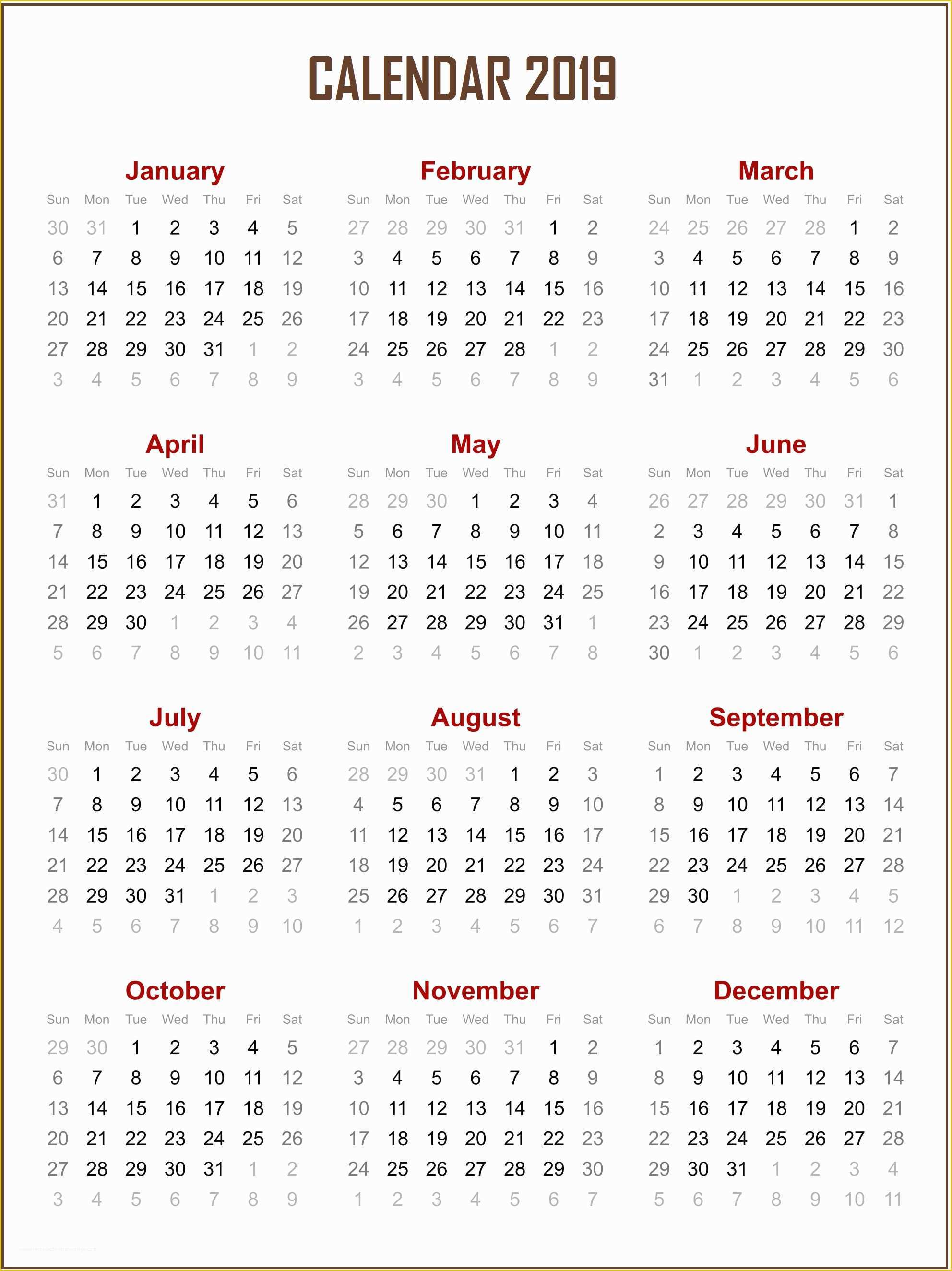 Free Calendar Template 2019 Of Free Printable 2019 Calendar Template – Free Calendar