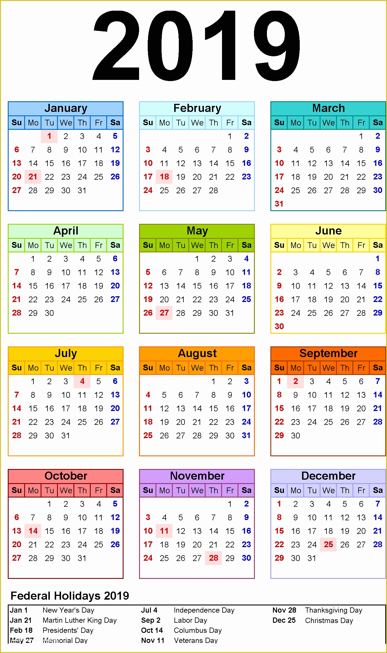 Free Calendar Template 2019 Of Free Printable Calendar 2019 Template with Usa Holidays