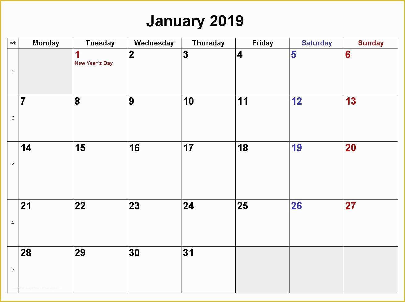 Free Calendar Template 2019 Of January 2019 Calendar Download In Word Excel Pdf formats