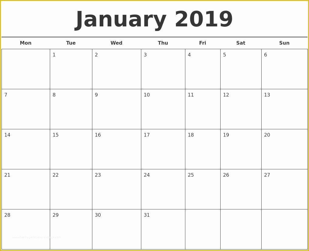 Free Calendar Template 2019 Of January 2019 Free Calendar Template
