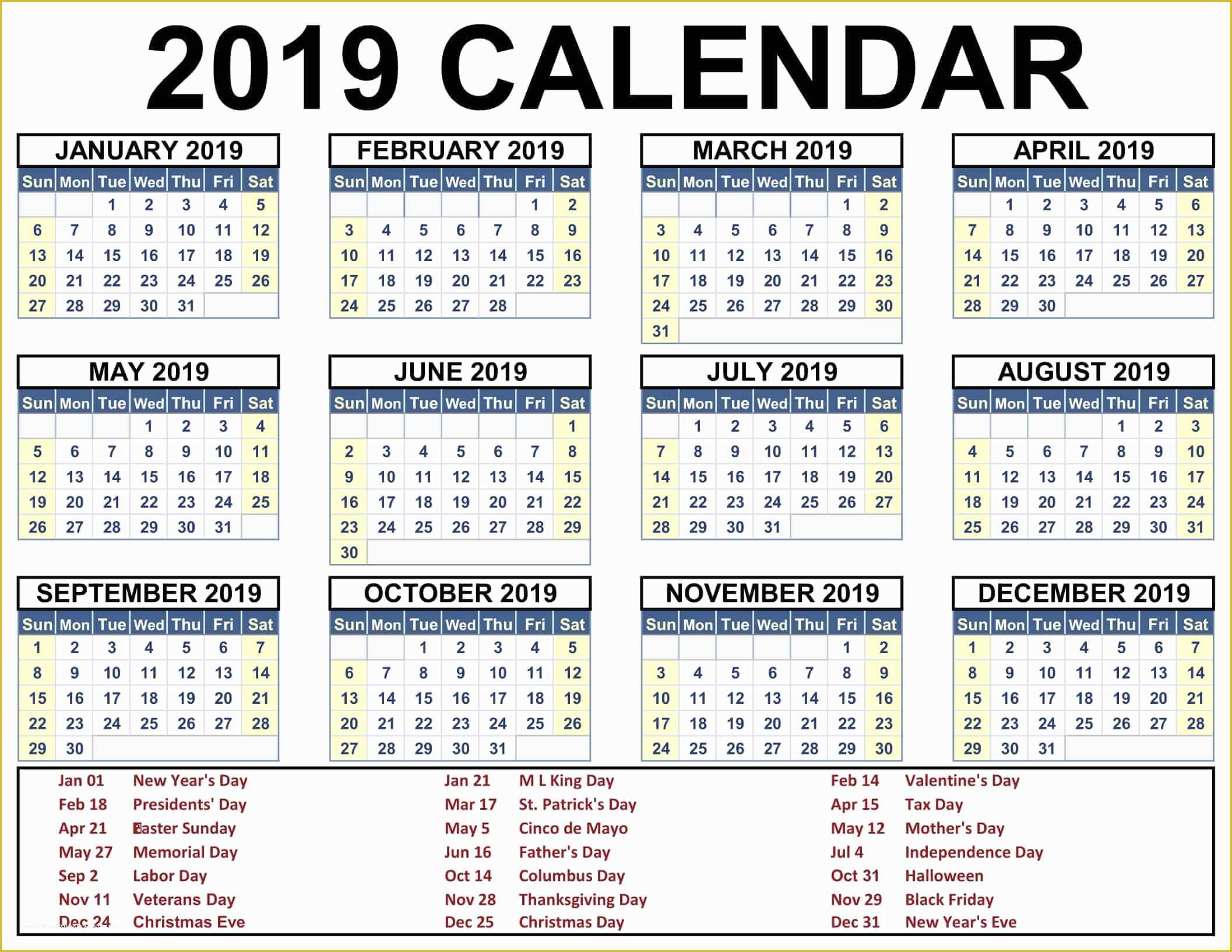 Free Calendar Template 2019 Of Printable Blank 2019 Calendar Templates Calenndar