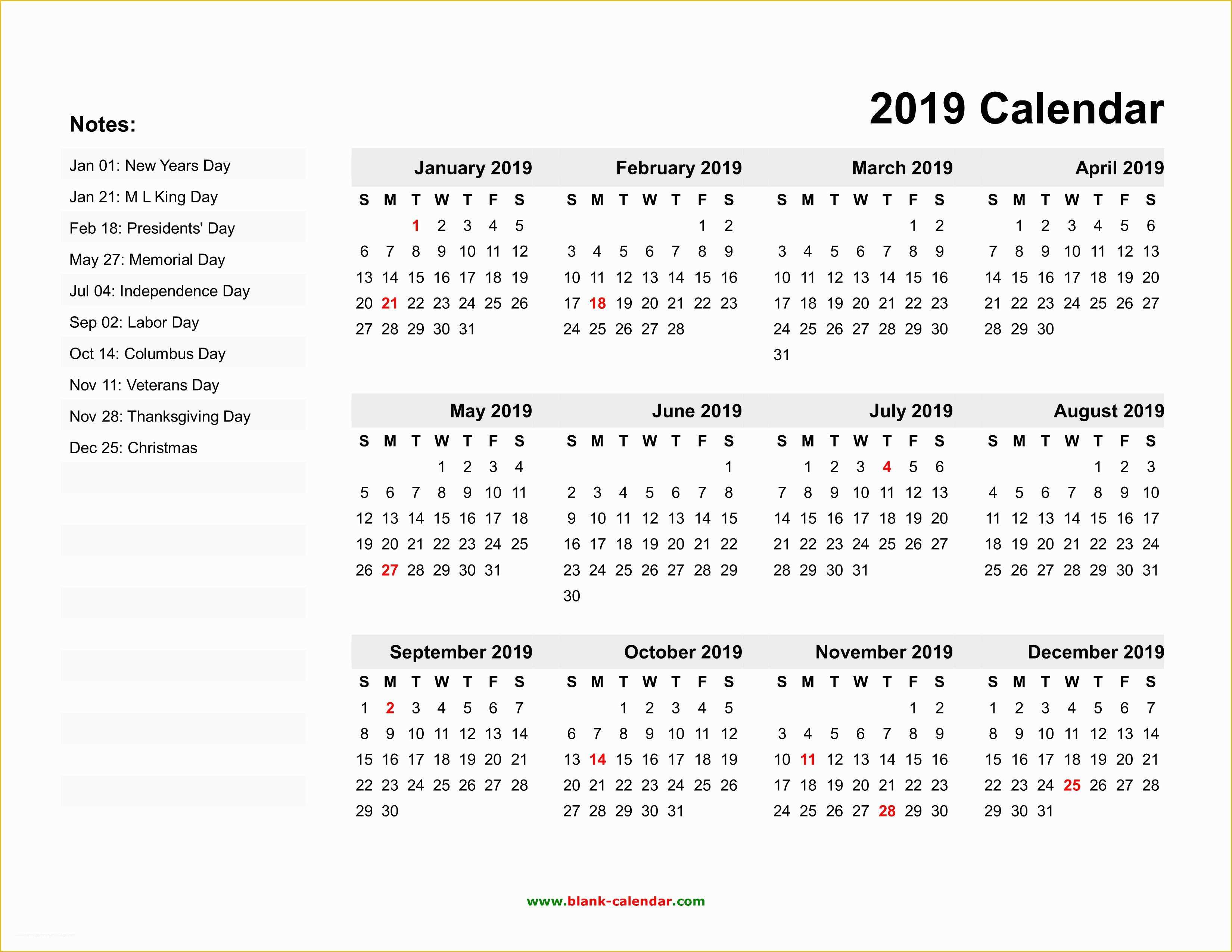 Free Calendar Template 2019 Of Yearly Calendar 2019