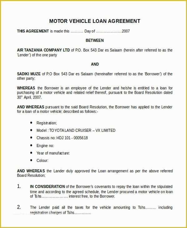 Free Car Loan Agreement Template Of 20 Loan Agreement formats