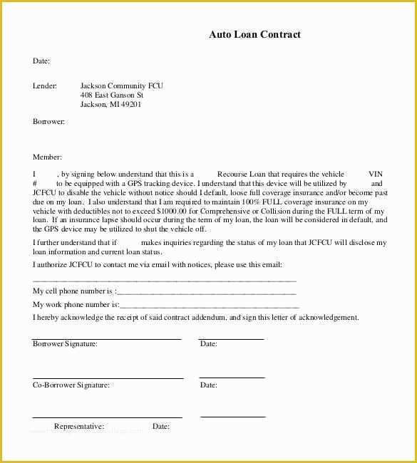 Free Car Loan Agreement Template Of Auto Loan Contract form