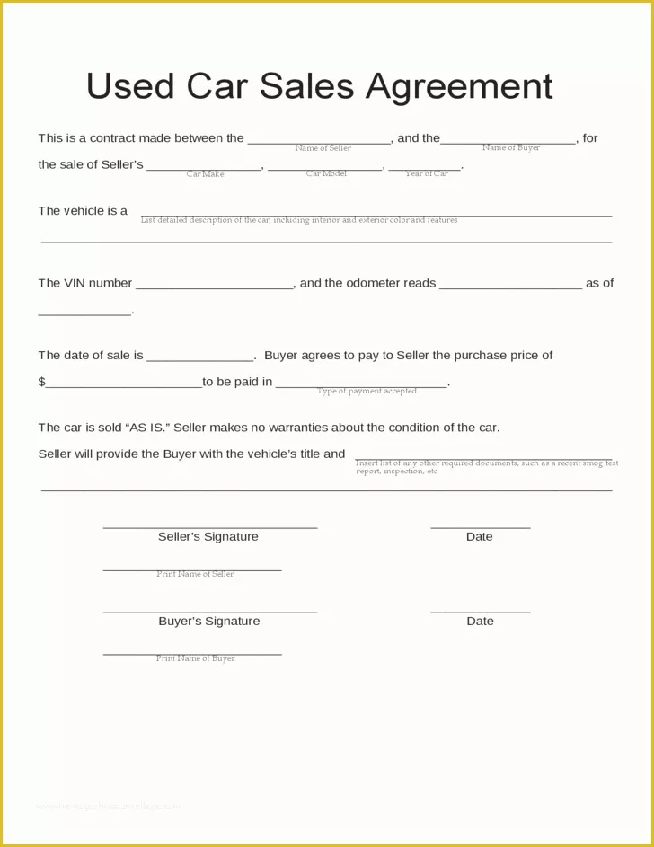 Free Car Loan Agreement Template Of Blank Used Car Sales Agreement Free