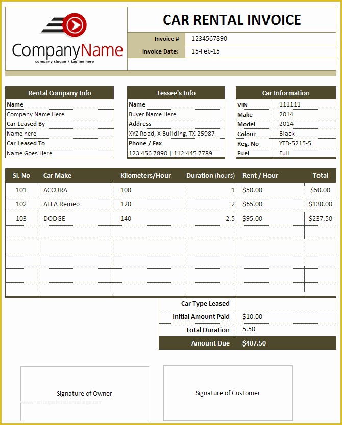 Free Car Rental Invoice Template Excel Of Car Rental and Sales Invoice Templates