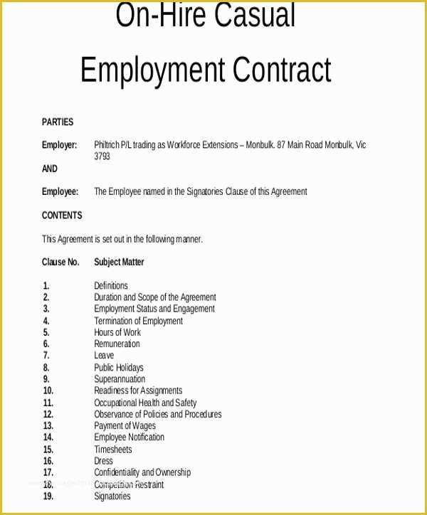 Free Casual Employment Contract Template Of 18 Employment Contract Templates Pages Google Docs